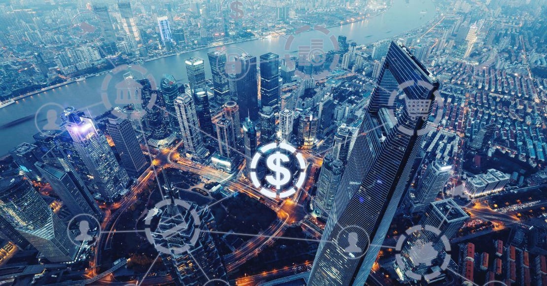 City scape with money and currency icons