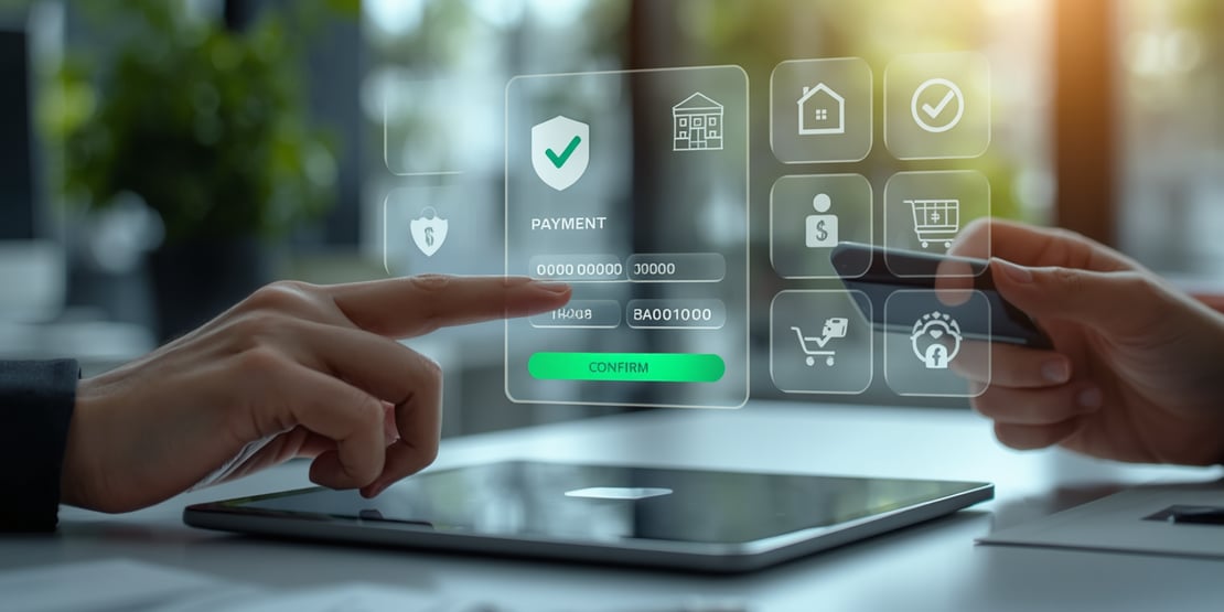 Person using a tablet to complete a secure digital payment, with virtual payment interface, card details form, and financial service icons displayed on screen.