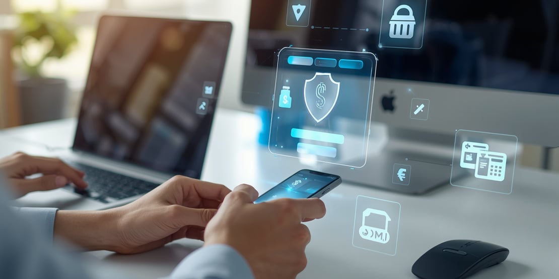Person using a laptop and smartphone with digital payment and banking icons overlayed, representing online payment systems and financial technology.
