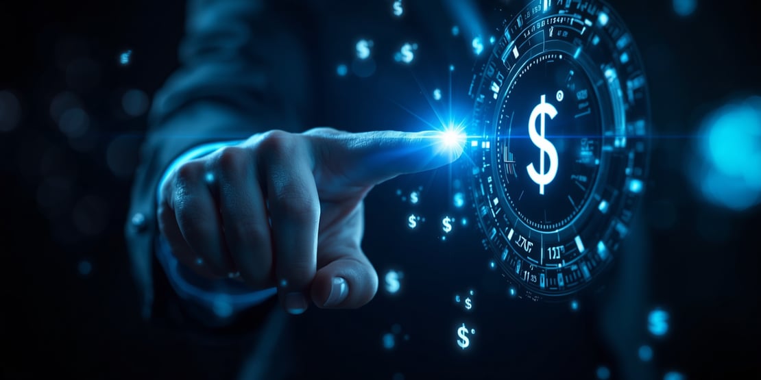 A businessperson touches the center of a glowing digital clock made of dollar signs, symbolizing the value of time and financial efficiency.