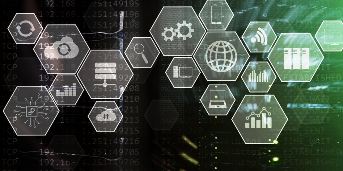 Glowing global network and finance icons overlayed.