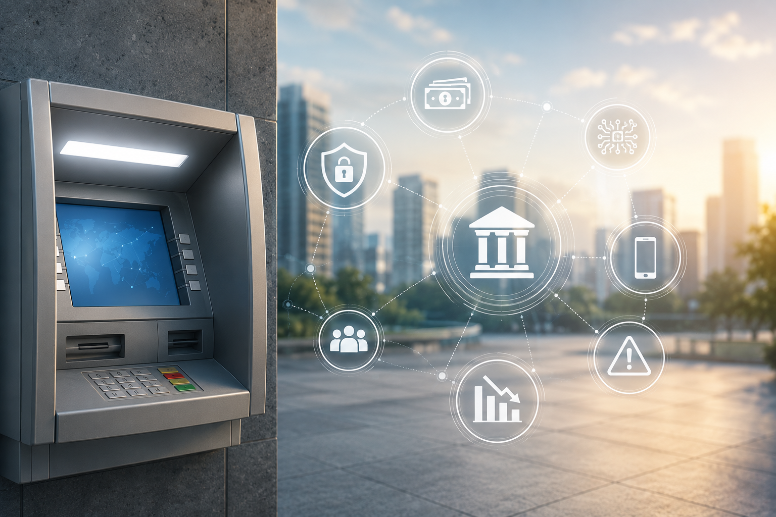 A modern ATM set against a city skyline with connected digital banking, security, analytics, and mobile payment icons, illustrating the technological, operational, and security challenges facing the ATM industry.