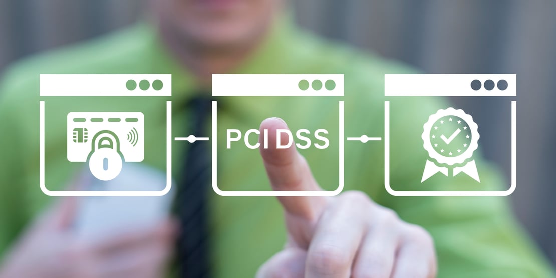 A person wearing a green shirt is touching a transparent digital interface that displays icons for secure payment data. The interface shows a credit card with a padlock, the text “PCI DSS,” and a certification badge with a checkmark, representing payment security and compliance standards.
