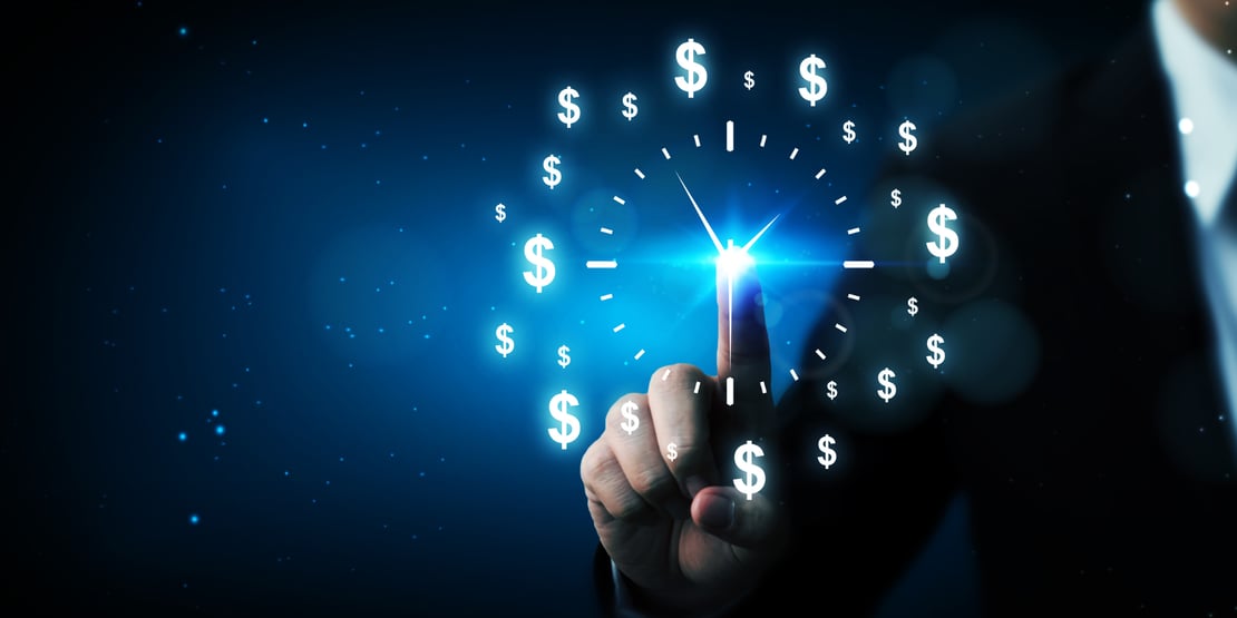 A businessperson touches the center of a glowing digital clock made of dollar signs, symbolizing the value of time and financial efficiency.