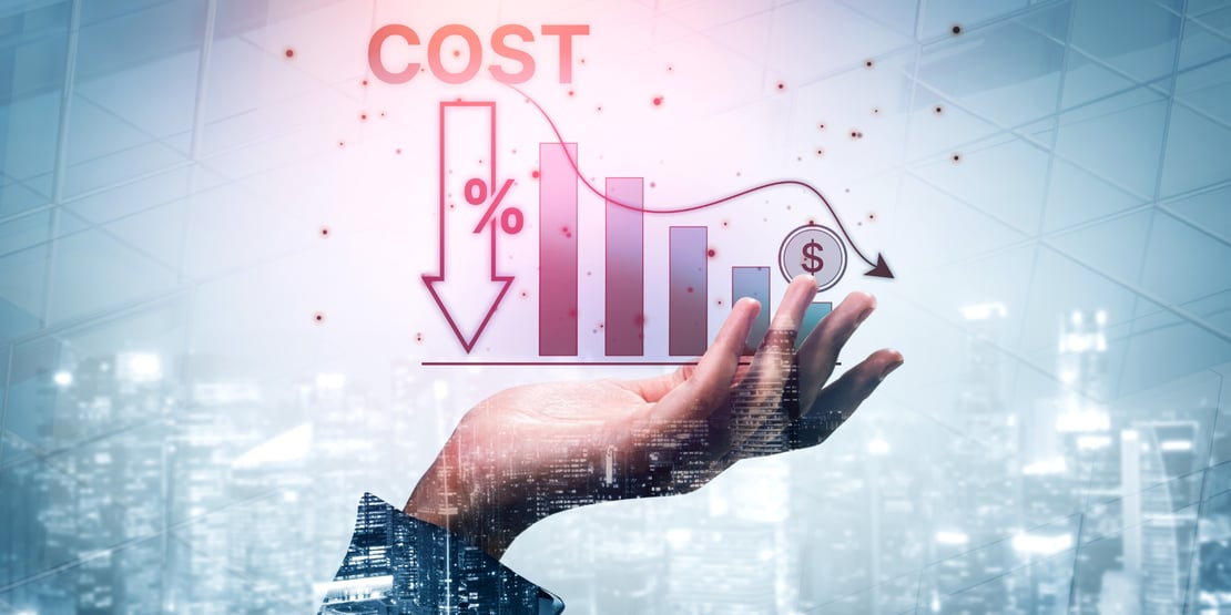 A business-themed graphic showing an open hand supporting a stylized declining bar chart, a downward arrow with a percentage symbol, and a dollar sign, all representing reduced costs. The background features a blurred cityscape and geometric patterns, creating a modern, financial-technology look.