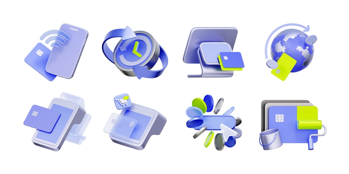 3D icon set of global payments and financial transactions, including contactless mobile payment, POS terminal, worldwide money transfer and credit card customization.