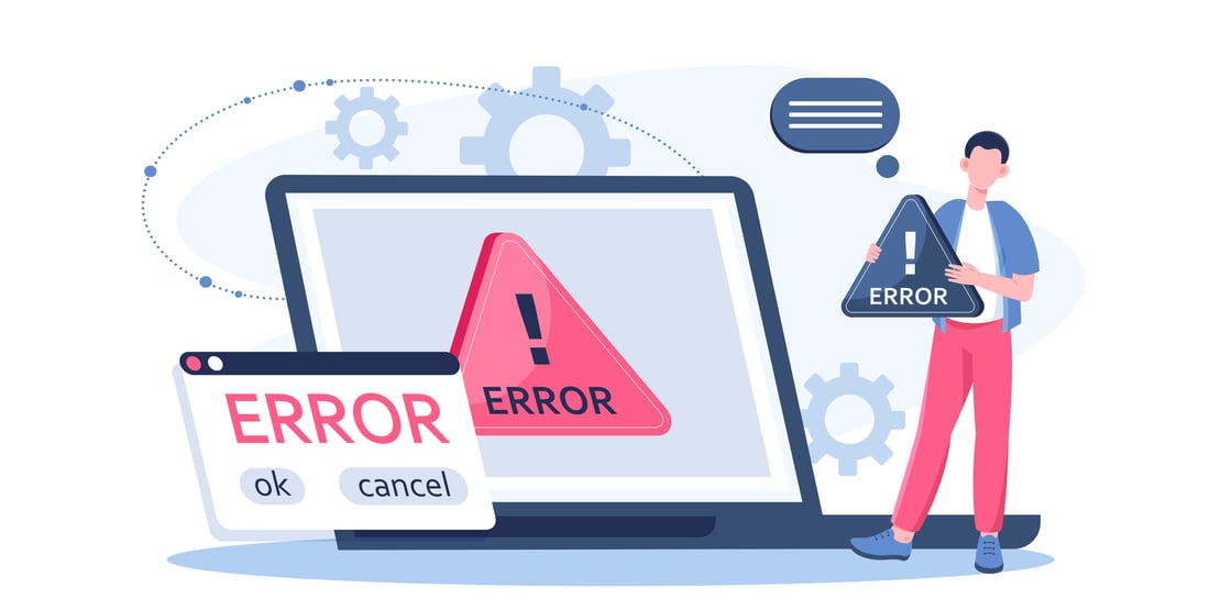 Error message on laptop. Computer outage. Issue and technical problems. Errors in code. Programmer and IT specialist, system administrator with computer. 