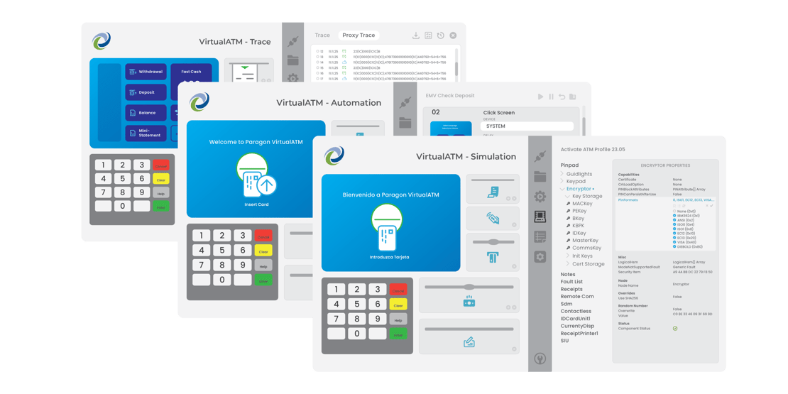 Paragon VirtualATM interface showing ATM simulation, automation testing, trace logs, and virtual device controls for validating XFS-based ATM transactions.